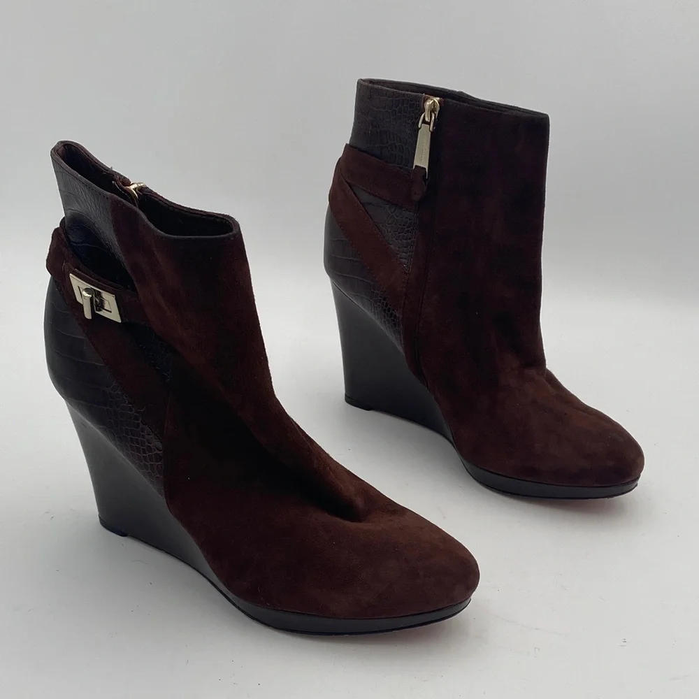 Vintage Brown Wedge ankle Booties women 10B leather suede animal print Y2K retro